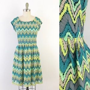 Colorful Retro Chevron Teal Fit Flare Dress Cheerful Fun